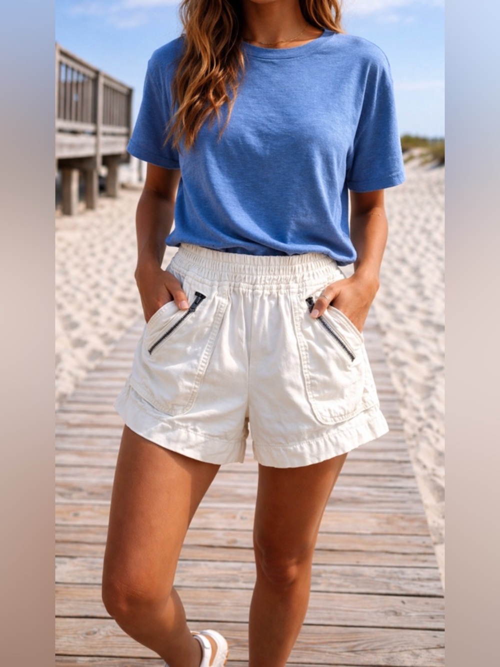 Aerie White Boardwalk Shorts Elastic Waist Zip Pocket Soft Cotton Lyocell Sz XS